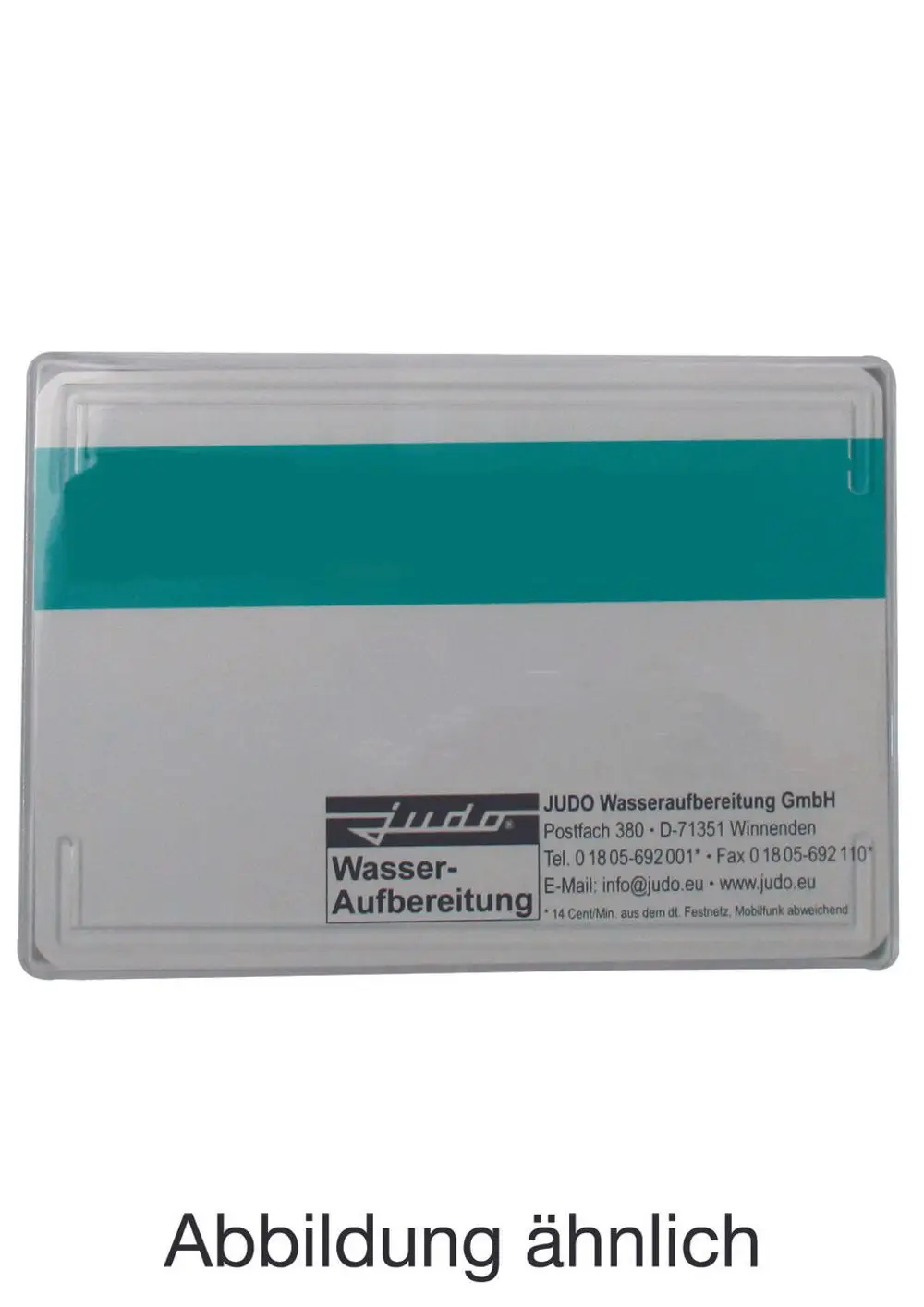 JUDO Produktverpackung mit serienmäßigen Kontaktdaten, inklusive Telefonnummer und E-Mail-Adresse. Das Design zeigt ein farbiges Element in der oberen Hälfte.